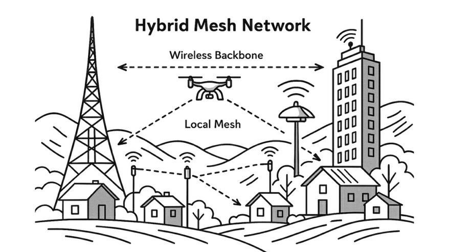 Diagram of a hybrid multi-mile community mesh network