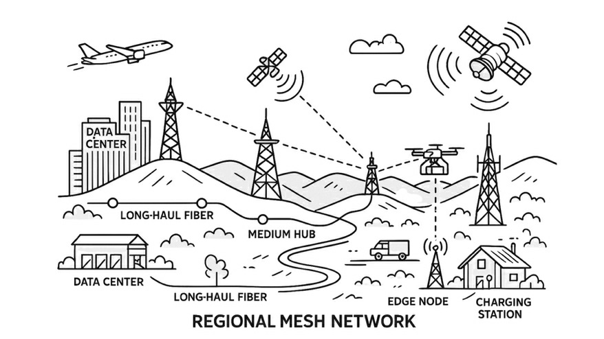 Map of a regional mesh connecting multiple community hubs